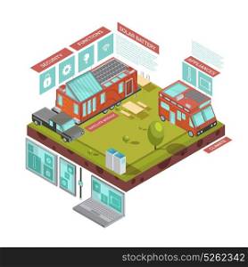 Mobile House Isometric Concept. Mobile house isometric concept with van and car near trailer with computer control solar battery vector illustration