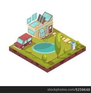 Mobile House Isometric Illustration. Campsite and mobile house with glass roof solar panels icons with technologies near pond isometric vector illustration