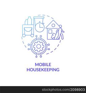 Mobile housekeeping blue gradient concept icon. Property management automation in hotels abstract idea thin line illustration. Isolated outline drawing. Roboto-Medium, Myriad Pro-Bold fonts used. Mobile housekeeping blue gradient concept icon