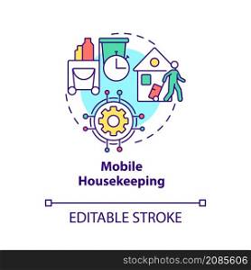 Mobile housekeeping concept icon. Property management systems in hotels abstract idea thin line illustration. Isolated outline drawing. Editable stroke. Roboto-Medium, Myriad Pro-Bold fonts used. Mobile housekeeping concept icon