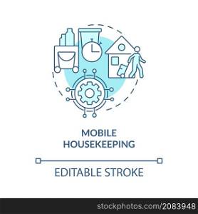 Mobile housekeeping turquoise concept icon. Property management abstract idea thin line illustration. Isolated outline drawing. Editable stroke. Roboto-Medium, Myriad Pro-Bold fonts used. Mobile housekeeping turquoise concept icon