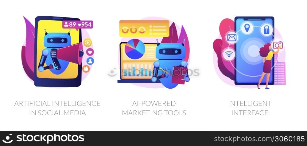 Mobile intelligent interface, automated SEO advertisement. Artificial intelligence in social media, AI-powered marketing tools, metaphors. Vector isolated concept metaphor illustrations.. Artificial intelligence in business vector concept metaphors.