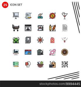 Mobile Interface Filled line Flat Color Set of 25 Pictograms of bed, holiday, man, glass, tag Editable Vector Design Elements