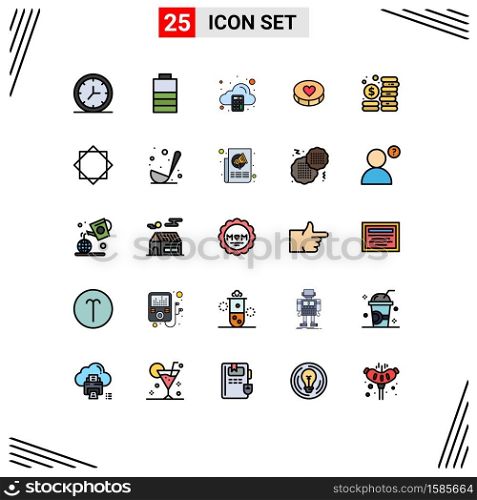 Mobile Interface Filled line Flat Color Set of 25 Pictograms of management, coins, calculate, budget, love Editable Vector Design Elements