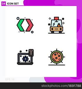 Mobile Interface Filledline Flat Color Set of 4 Pictograms of arrows, laptop, right, vehicle, setting Editable Vector Design Elements