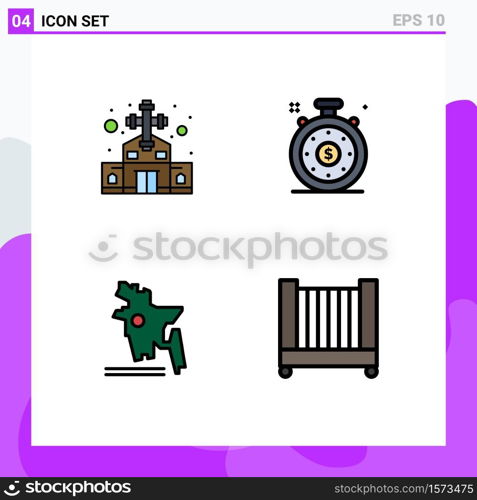 Mobile Interface Filledline Flat Color Set of 4 Pictograms of building, bangladesh, christian cross, speedometer, child Editable Vector Design Elements