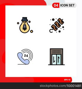 Mobile Interface Filledline Flat Color Set of 4 Pictograms of bulb, ringing, c&ing, travel, elevator Editable Vector Design Elements