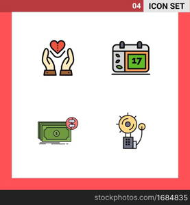 Mobile Interface Filledline Flat Color Set of 4 Pictograms of care, banknotes, heart, day, dollars Editable Vector Design Elements