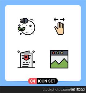 Mobile Interface Filledline Flat Color Set of 4 Pictograms of eco, zoom out, power, gesture, passport Editable Vector Design Elements