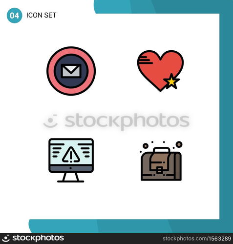 Mobile Interface Filledline Flat Color Set of 4 Pictograms of mail, breach, stamps, love, error Editable Vector Design Elements