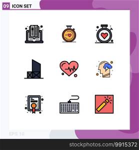 Mobile Interface Filledline Flat Color Set of 9 Pictograms of heart, rescue, compass, lifeguard, baywatch Editable Vector Design Elements