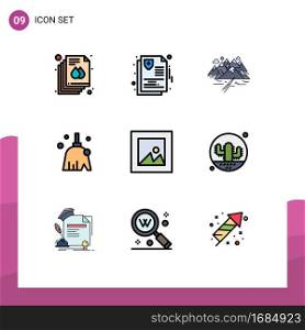 Mobile Interface Filledline Flat Color Set of 9 Pictograms of image, cleaning, mountain, clean, crack Editable Vector Design Elements