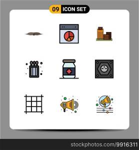 Mobile Interface Filledline Flat Color Set of 9 Pictograms of match box, c&ing, pie, office, real Editable Vector Design Elements