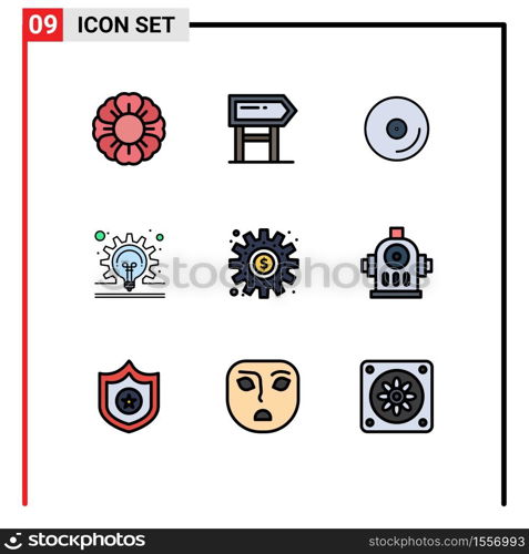 Mobile Interface Filledline Flat Color Set of 9 Pictograms of money, cogs, cd, idea, concept Editable Vector Design Elements