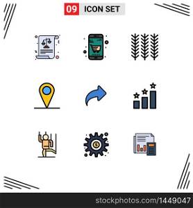 Mobile Interface Filledline Flat Color Set of 9 Pictograms of right, arrow, cereal, interface, location Editable Vector Design Elements