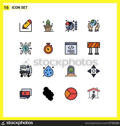 Mobile Interface Flat Color Filled Line Set of 16 Pictograms of crowdsale, crowdfund, chart, guarder, earth saving Editable Creative Vector Design Elements