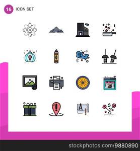 Mobile Interface Flat Color Filled Line Set of 16 Pictograms of day, love, nature, food, real estate Editable Creative Vector Design Elements