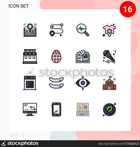 Mobile Interface Flat Color Filled Line Set of 16 Pictograms of decoration, lab, info graphics, chemistry, clothes Editable Creative Vector Design Elements