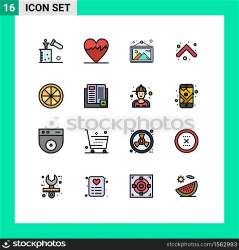 Mobile Interface Flat Color Filled Line Set of 16 Pictograms of food, direction, gallery, up, arrow Editable Creative Vector Design Elements