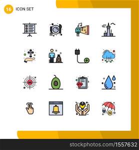 Mobile Interface Flat Color Filled Line Set of 16 Pictograms of hand, landmark, device, tower, buildings Editable Creative Vector Design Elements