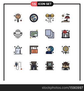 Mobile Interface Flat Color Filled Line Set of 16 Pictograms of productivity, device, eyed, vacation, beach Editable Creative Vector Design Elements