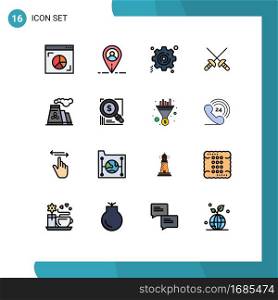 Mobile Interface Flat Color Filled Line Set of 16 Pictograms of search, production, gear, pollution, sport Editable Creative Vector Design Elements