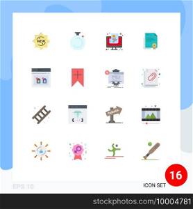 Mobile Interface Flat Color Set of 16 Pictograms of legal document, business, watch, certificate, online Editable Pack of Creative Vector Design Elements