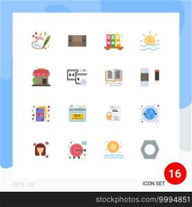 Mobile Interface Flat Color Set of 16 Pictograms of shop, protection, archive, insurance, sunset Editable Pack of Creative Vector Design Elements