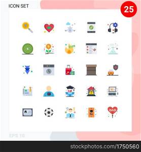 Mobile Interface Flat Color Set of 25 Pictograms of business, headphones, beach, gear, complete Editable Vector Design Elements