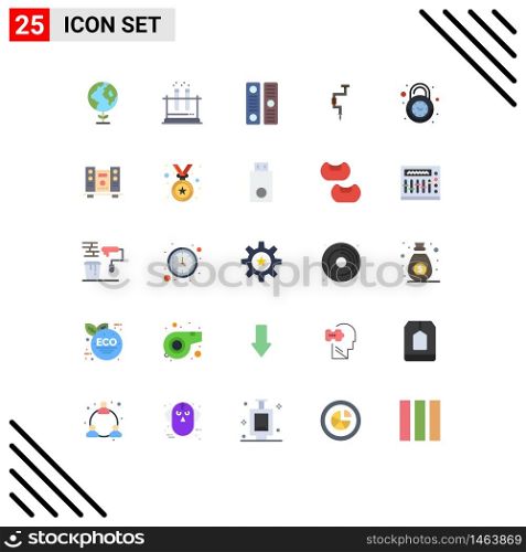 Mobile Interface Flat Color Set of 25 Pictograms of clock, well, directory, tool, carpenter Editable Vector Design Elements