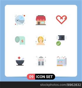 Mobile Interface Flat Color Set of 9 Pictograms of beauty, expenses, love, costs, budget Editable Vector Design Elements
