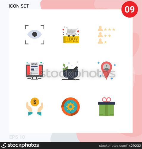 Mobile Interface Flat Color Set of 9 Pictograms of bowl, grinding, job, screen, monitor Editable Vector Design Elements