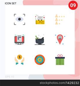 Mobile Interface Flat Color Set of 9 Pictograms of bowl, grinding, job, screen, monitor Editable Vector Design Elements