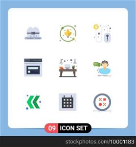 Mobile Interface Flat Color Set of 9 Pictograms of device, interior, dollar sign, desk, web Editable Vector Design Elements