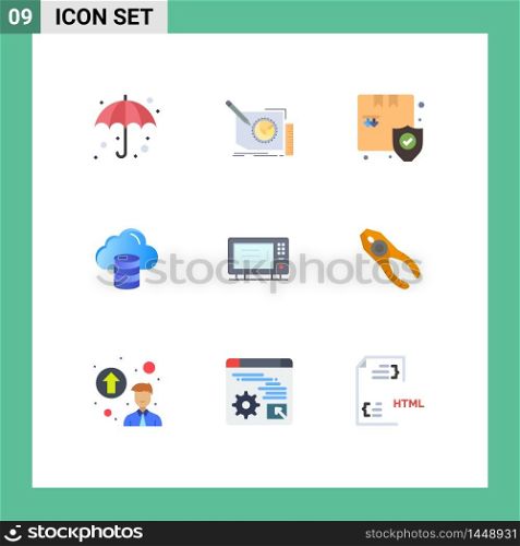 Mobile Interface Flat Color Set of 9 Pictograms of electric, money, text, computing, security Editable Vector Design Elements