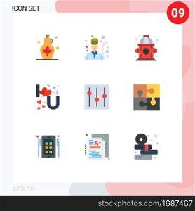 Mobile Interface Flat Color Set of 9 Pictograms of elements, you, game, love, heart lettering Editable Vector Design Elements