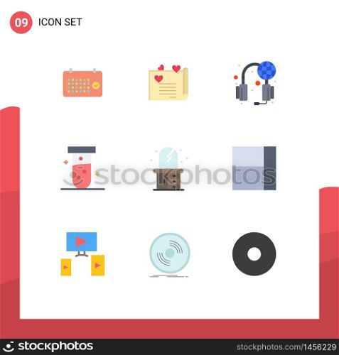 Mobile Interface Flat Color Set of 9 Pictograms of home, test, love, medical, world Editable Vector Design Elements
