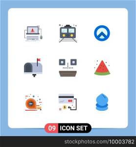Mobile Interface Flat Color Set of 9 Pictograms of in box, contact us, transport, contact, greece Editable Vector Design Elements