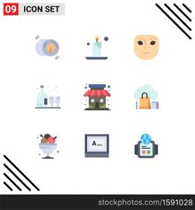 Mobile Interface Flat Color Set of 9 Pictograms of store, market store, face, market, glass Editable Vector Design Elements