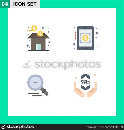 Mobile Interface Flat Icon Set of 4 Pictograms of bank, find, fund, currency rates, pray Editable Vector Design Elements