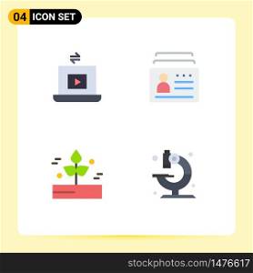 Mobile Interface Flat Icon Set of 4 Pictograms of laptop, agriculture, play, document, plant Editable Vector Design Elements