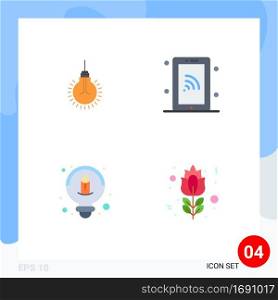 Mobile Interface Flat Icon Set of 4 Pictograms of light, creative, tips, smartphone, idea Editable Vector Design Elements
