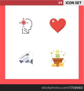 Mobile Interface Flat Icon Set of 4 Pictograms of mind, camera, head, like, security Editable Vector Design Elements