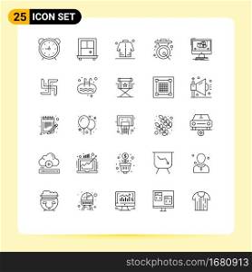 Mobile Interface Line Set of 25 Pictograms of computer, metal, man, gong, bell Editable Vector Design Elements