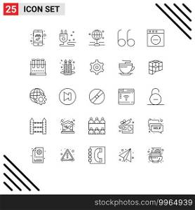 Mobile Interface Line Set of 25 Pictograms of lab glassware, erlenmeyer flask, share, chemical flask, delete Editable Vector Design Elements