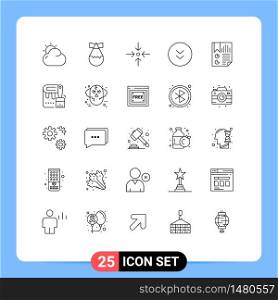 Mobile Interface Line Set of 25 Pictograms of page, data, collapse, bookmark, down Editable Vector Design Elements