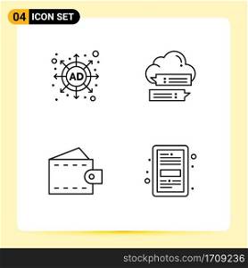 Mobile Interface Line Set of 4 Pictograms of ad, fashion, chat, cloud, wallet Editable Vector Design Elements
