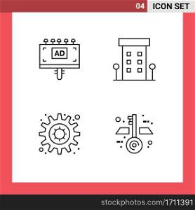 Mobile Interface Line Set of 4 Pictograms of ad, gear, signboard, shop front, setting Editable Vector Design Elements