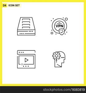 Mobile Interface Line Set of 4 Pictograms of archive, movie, office, vpn, play Editable Vector Design Elements