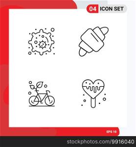 Mobile Interface Line Set of 4 Pictograms of biology, friendly, croissant, meal, environment Editable Vector Design Elements